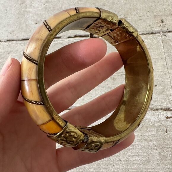 Vintage Old Brass And Bone Cuff Bracelet With Pin Closure - Picture 1 of 7
